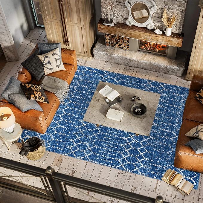 JONATHAN Y Boho Vintage Diamond Blue/White Indoor Area Rug 5X8 ft, Moroccan Hype - Image 5