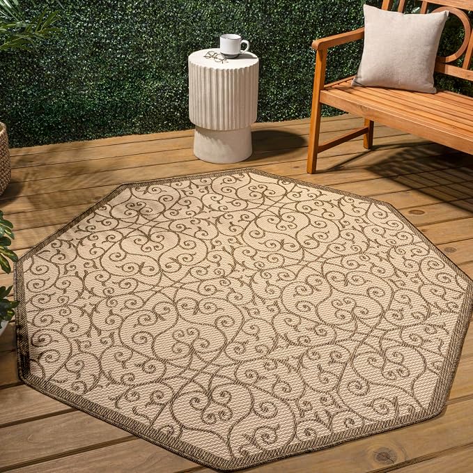 JONATHAN Y Vintage Filigree Indoor Outdoor Octagon Area Rug 5 Ft Beige/Brown - Image 3