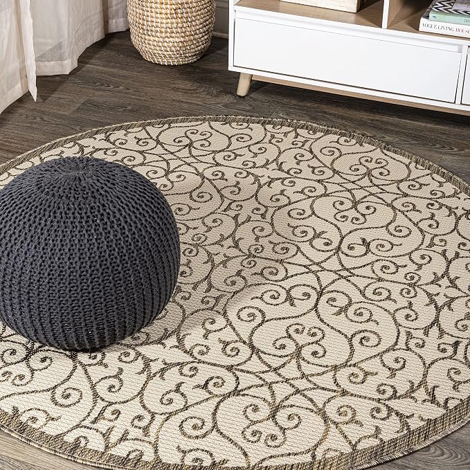 JONATHAN Y Vintage Filigree Indoor Outdoor Round Area Rug 8 Ft Beige/Brown by JONATHANY