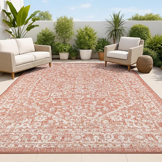 JONATHAN Y Boho Medallion Indoor Outdoor Area Rug 6X9 Red/Taupe, Malta Textured by JONATHANY