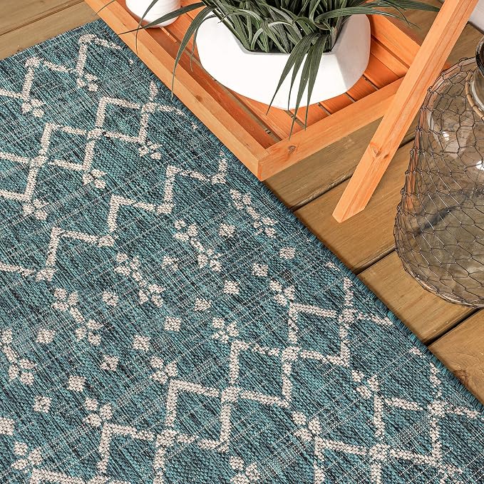 JONATHAN Y Moroccan Geometric Indoor Outdoor Round Area Rug 5 Ft Teal/Gray - Image 3
