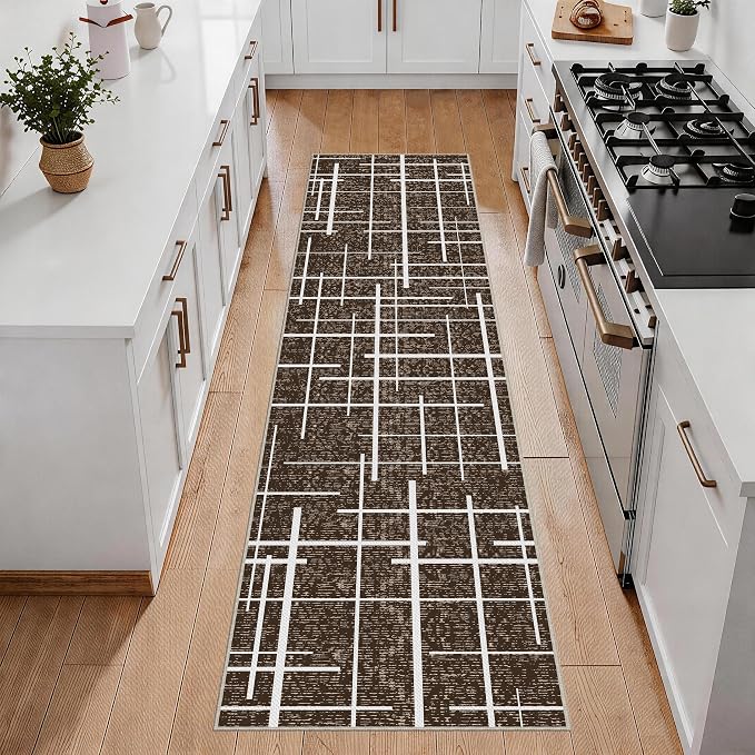 Non Slip Hallway Runner Rug 2x8, Modern Distressed Stripe, Washable Long Rug by TTelephant