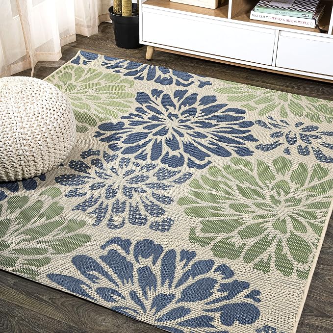 JONATHAN Y Floral Textured Weave Indoor Outdoor Square Area Rug 4X4 Navy/Green by JONATHANY
