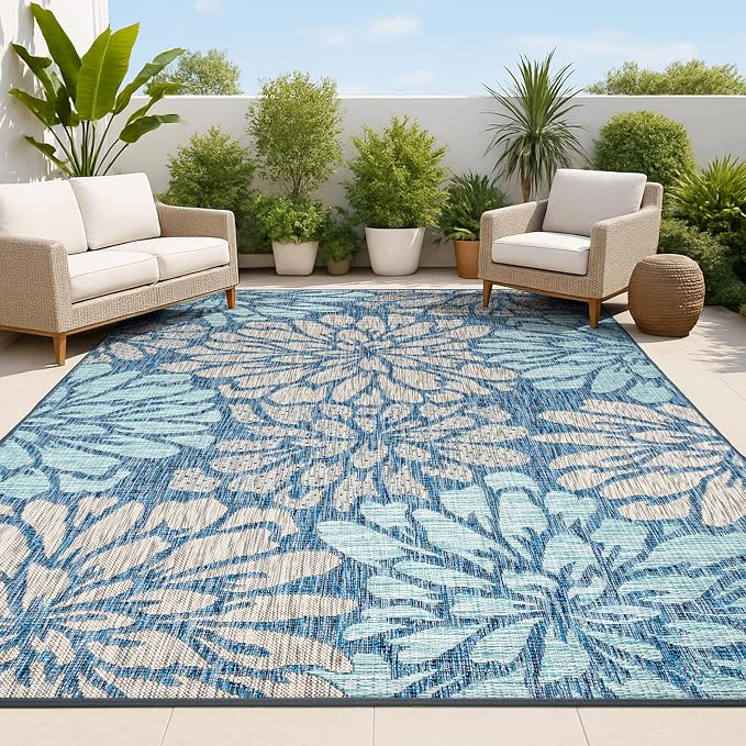 JONATHAN Y Floral Textured Weave Indoor Outdoor Area Rug 8X10 Navy/Aqua by JONATHANY
