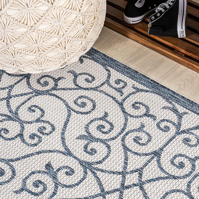 JONATHAN Y Vintage Filigree Indoor Outdoor Round Area Rug 5 Ft Blue/Cream - Image 5