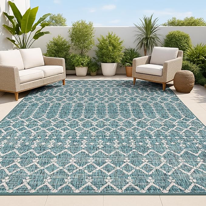 JONATHAN Y Moroccan Geometric Indoor Outdoor Area Rug 10X14 Teal/Gray, Ourika by JONATHANY