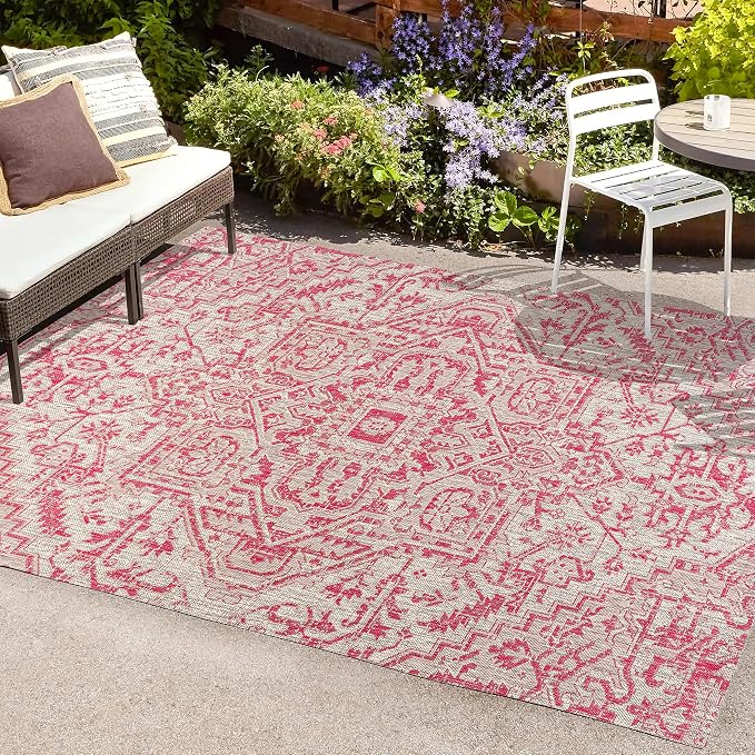 JONATHAN Y Boho Medallion Indoor Outdoor Area Rug 9X12 Light Gray/Fuchsia - Image 4