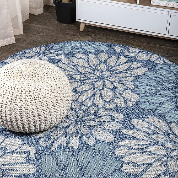 JONATHAN Y Floral Textured Weave Indoor Outdoor Round Area Rug 8 Ft Navy/Aqua by JONATHANY