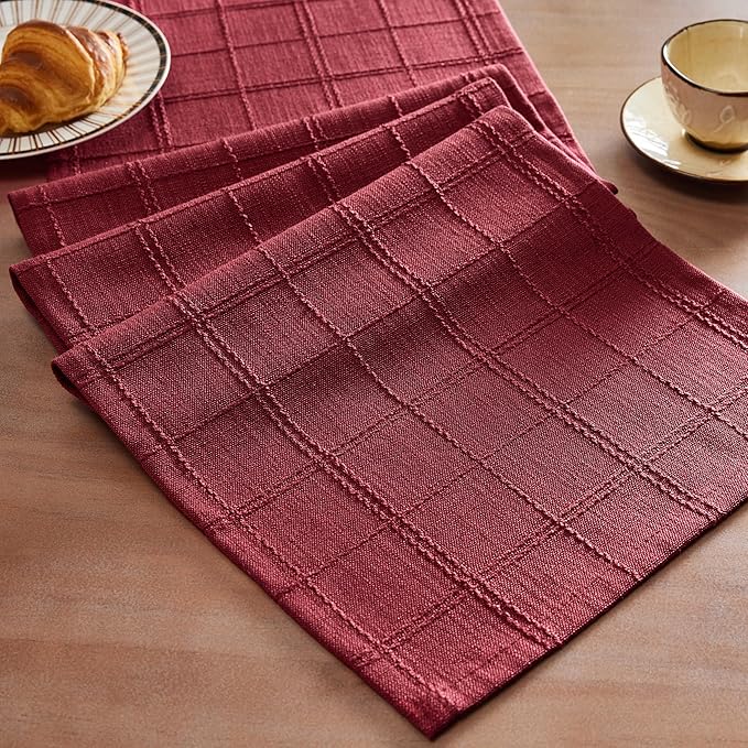 Linen Checked Farmhouse Table Runner, 13x60 Inches Burgundy | Raised Grid Design by ZEEMARTONLINE