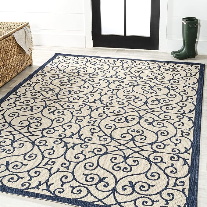 JONATHAN Y Vintage Filigree Indoor Outdoor Area Rug 3X5 Navy/Beige, Madrid - Image 3