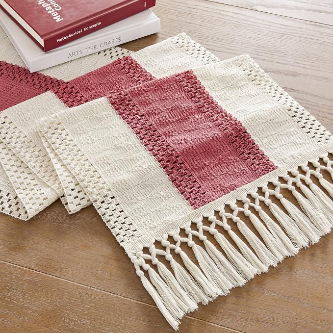 Macrame Style Bicolor Stitching Table Runner 14x60in Dusty Rose | Woven Boho - Image 7