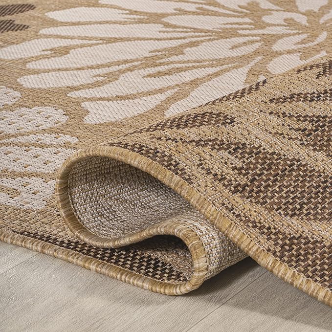 JONATHAN Y Floral Textured Weave Indoor Outdoor Round Area Rug 6 Ft Brown/Cream - Image 3