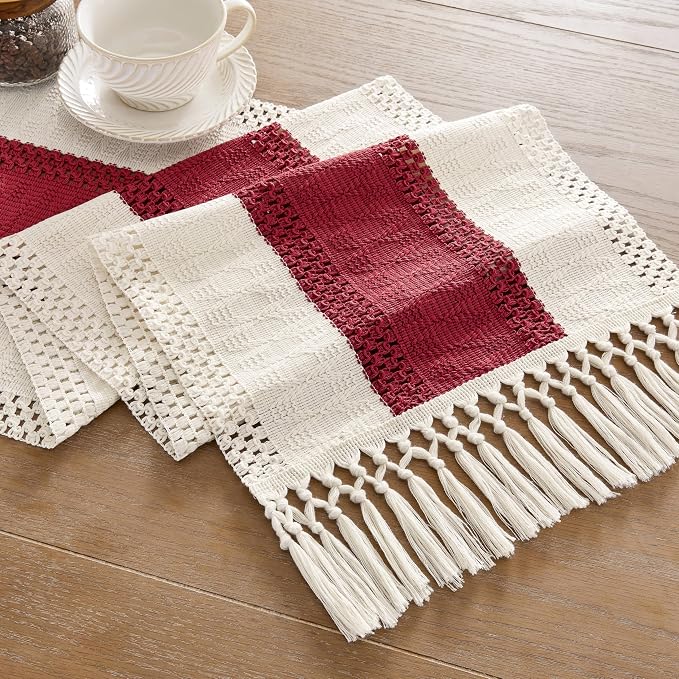 Macrame Style Bicolor Stitching Table Runner 14x90in Red | Woven Boho Table - Image 7