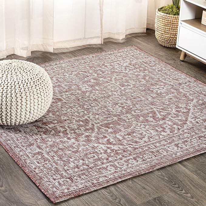 JONATHAN Y Boho Medallion Indoor Outdoor Square Area Rug 3X3 Red/Taupe by JONATHANY