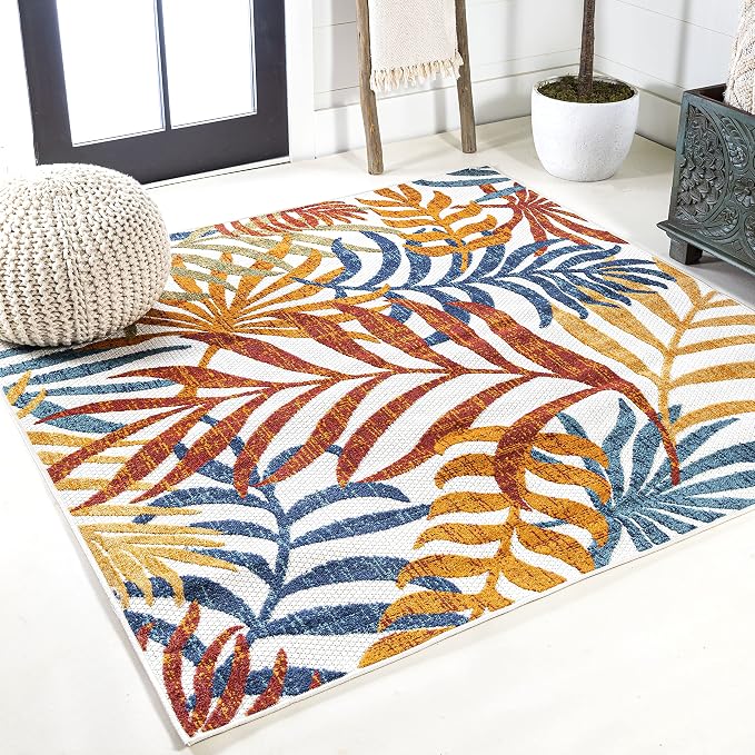 JONATHAN Y Tropics Palm Leaves Indoor Outdoor Square Area Rug 6X6 Cream/Orange by JONATHANY