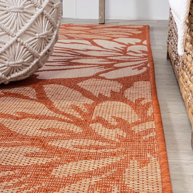 JONATHAN Y Floral Textured Weave Indoor Outdoor Runner Rug 2X10 Orange/Cream - Image 4