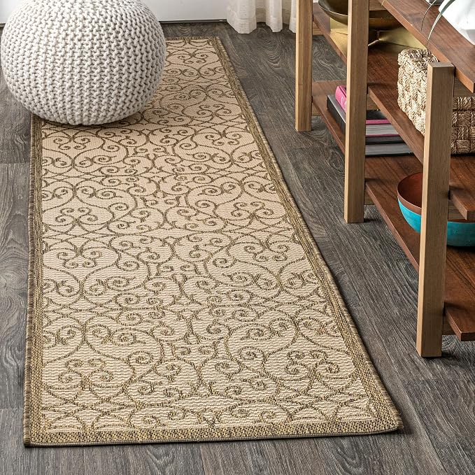 JONATHAN Y Vintage Filigree Indoor Outdoor Runner Rug 2X10 Beige/Brown by JONATHANY