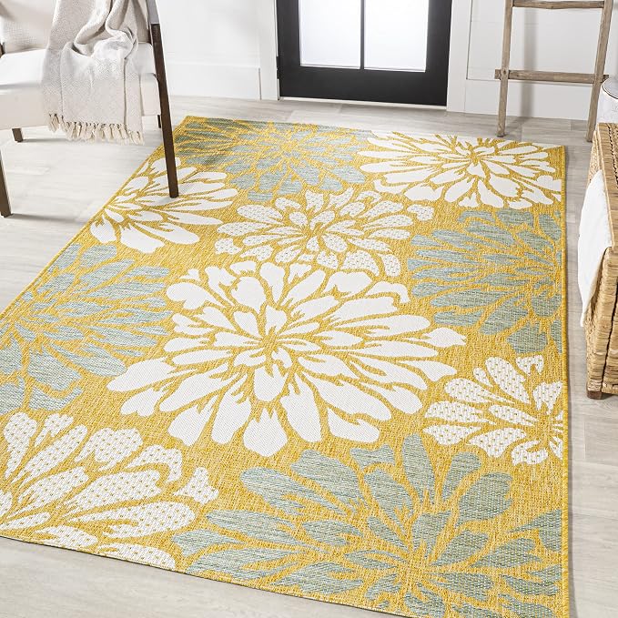 JONATHAN Y Floral Textured Weave Indoor Outdoor Area Rug 9X12 Yellow/Cream - Image 3