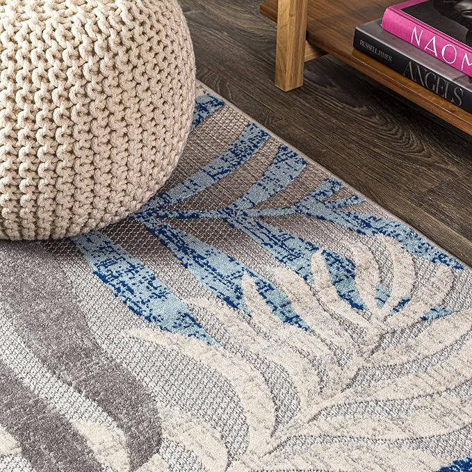 JONATHAN Y Tropics Palm Leaves Indoor Outdoor Square Area Rug 6X6 Gray/Blue - Image 3