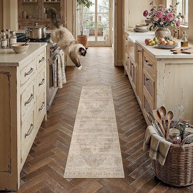 2x5 Washable Neutral Runner Rug Beige Vintage Hallway Kitchen Carpet Non-Slip by WondRg