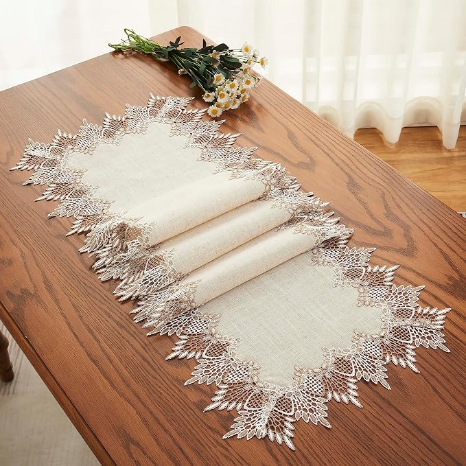 Natural Linen Table Runner 90 inches Beige Lace Coffee Table Runners | French - Image 4