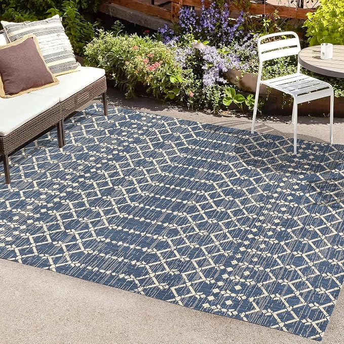 JONATHAN Y Moroccan Geometric Indoor Outdoor Area Rug 5X8 Navy/Beige, Ourika - Image 3
