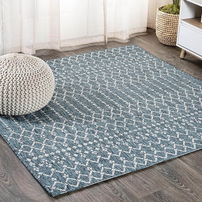 JONATHAN Y Moroccan Geometric Indoor Outdoor Square Area Rug 3X3 Teal/Gray by JONATHANY