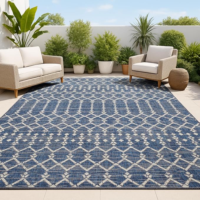 JONATHAN Y Moroccan Geometric Indoor Outdoor Area Rug 8X10 Navy/Beige, Ourika by JONATHANY