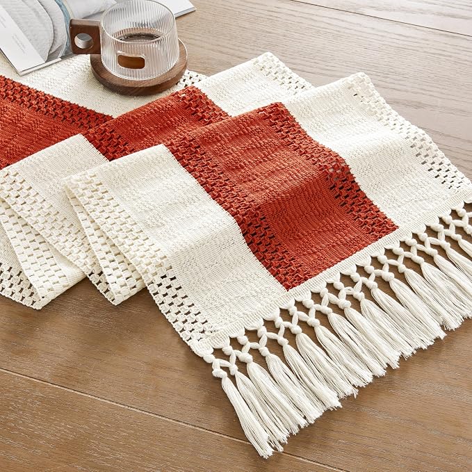 Macrame Style Bicolor Stitching Table Runner 14x72in Orange | Woven Boho Table - Image 7