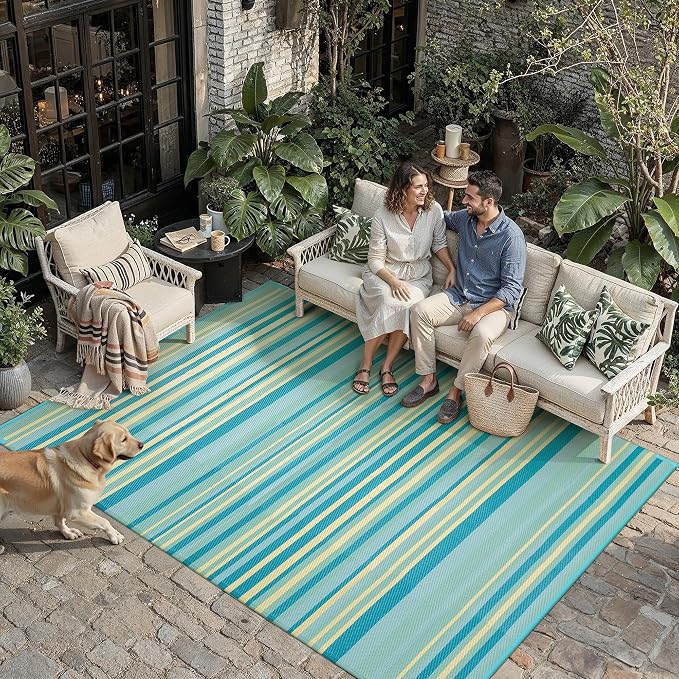 Outdoor Plastic Straw Rug Waterproof Patio 9x12 Teal Yellow Stripe Mat - Image 2