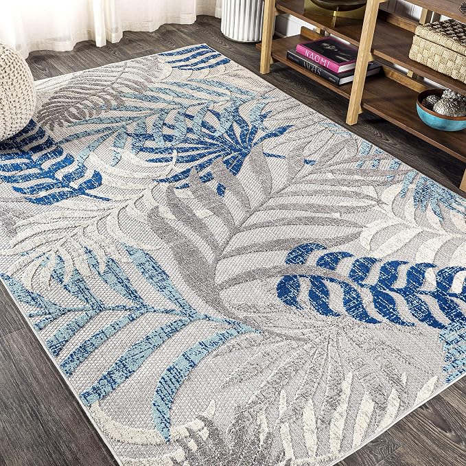 JONATHAN Y Tropics Palm Leaves Indoor Outdoor Area Rug 3X5 Gray/Blue, Boho - Image 5