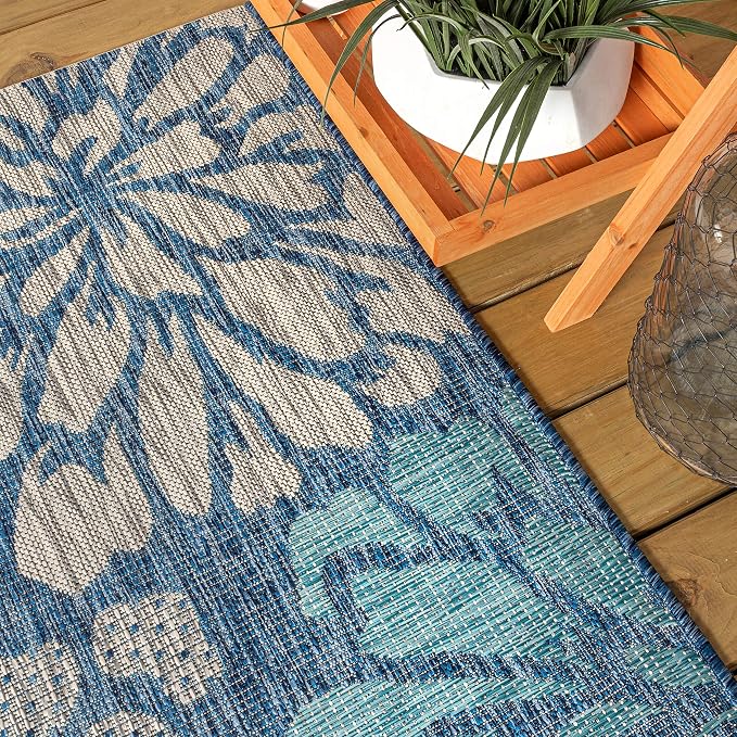 JONATHAN Y Floral Textured Weave Indoor Outdoor Round Area Rug 8 Ft Navy/Aqua - Image 4